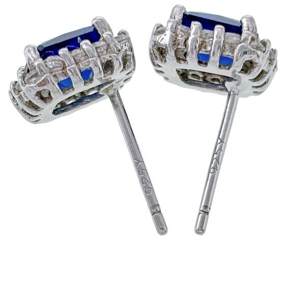 Vintage Sterling Silver 925 Blue Crystal Cubic Zirconia Framed Stud Earrings - Picture 3 of 4